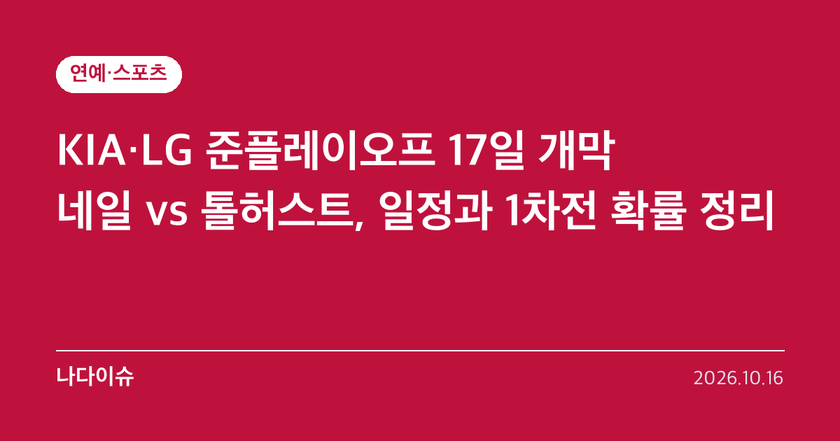 KIA·LG 준플레이오프 17일 개막…네일 vs 톨허스트, 일정과 1차전 확률 정리