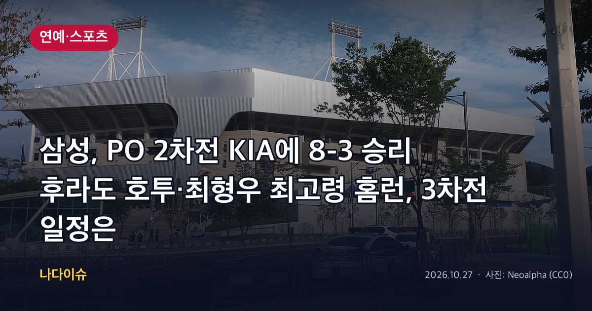 삼성, PO 2차전 KIA에 8-3 승리…후라도 호투·최형우 최고령 홈런, 3차전 일정은